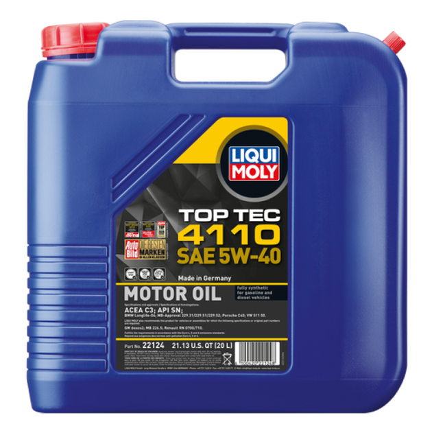 LIQUI MOLY Top Tec 4110 20L motor oil SAE 5W40 container showing the oil's label and packaging.