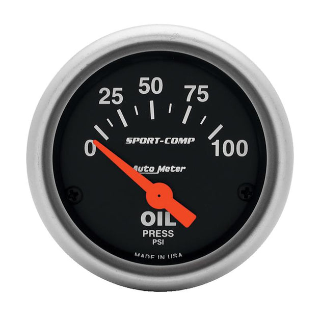AutoMeter Sport-Comp 52mm electronic oil pressure gauge with 0-100 PSI display and black face for automotive use