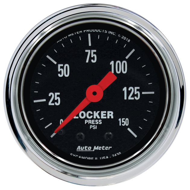 AutoMeter Traditional Chrome 2-1/16in 150 PSI Mechanical Air Locker Gauge with clear dial and chrome finish