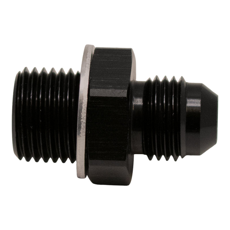 DeatschWerks 6AN Male Flare to M16 X 1.5 Male Metric Fitting in anodized matte black with washer, for fuel and oil lines.