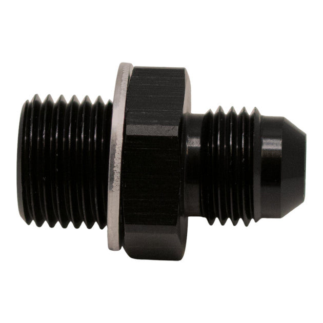 DeatschWerks 6AN Male Flare to M16 X 1.5 Male Metric Fitting in anodized matte black with washer, for fuel and oil lines.