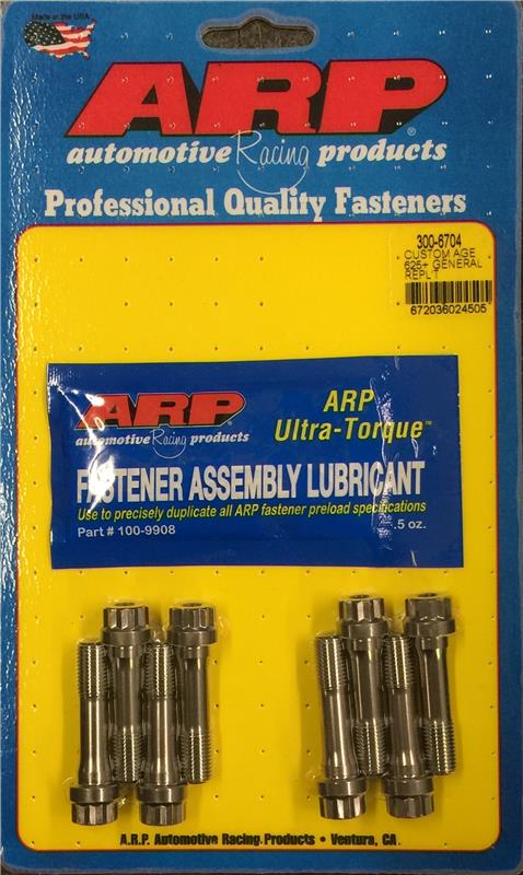 ARP Custom Age625+ rod bolt kit with multiple metal bolts and nuts for engine rebuilds displayed on a white background.