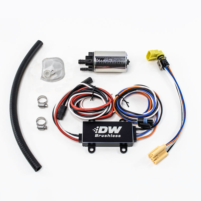 DeatschWerks DW440 440lph brushless fuel pump with dual speed controller, showing the pump and control unit.