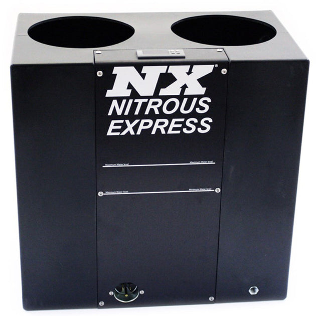 Nitrous Express NX Hot Water Bottle Bath accessory with a clear silicone bottle and metal nozzle, designed for nitrous oxide applications.