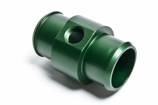 Radium Engineering green universal hose barb adapter for 1-1/4 inch ID hose with 1/4NPT port, fitting for automotive or industrial use.