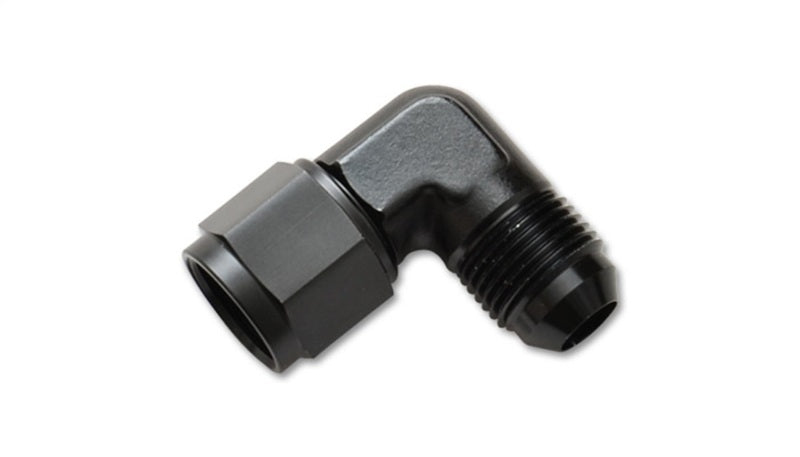 Vibrant 3AN female to male 90-degree swivel adapter fitting, stainless steel, with detailed close-up of the fitting's swivel joint.