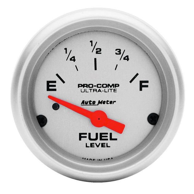 AutoMeter Ultra-Lite 52mm electronic fuel level gauge showing empty to full with short sweep display.