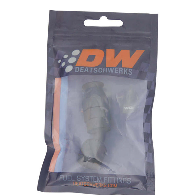 DeatschWerks 6 AN female flare swivel hose end fitting with 30-degree PTFE and matte black anodized finish.
