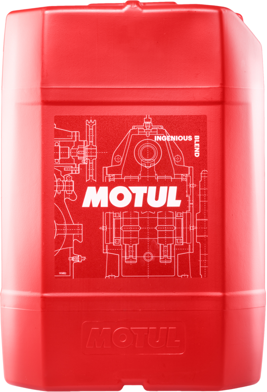 Motul 20L Trans ATF VI synthetic transmission fluid container for gear oils, with a white and red label and a black screw cap.