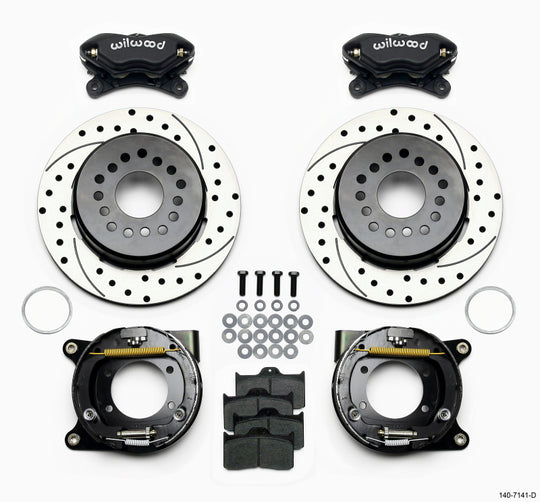 Wilwood Forged Dynalite parking brake kit with drilled Chevy 12 bolt rear axle, includes C-clips, for big brake upgrade.