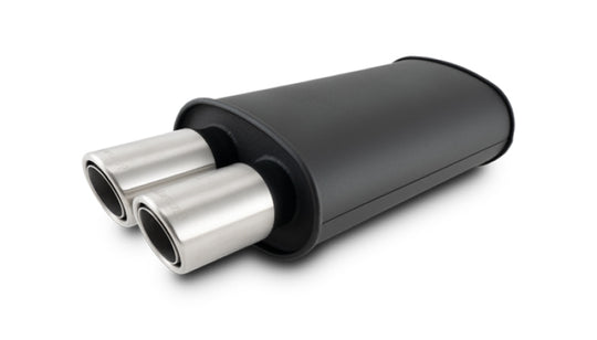 Vibrant Streetpower flat black muffler with dual angle tips, 9x5x15 inches body, 2.5-inch inlet, 3-inch tip OD, for car exhaust upgrade