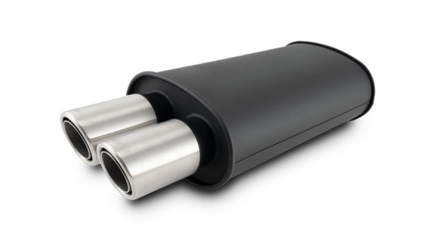 Vibrant Streetpower flat black muffler with dual angle tips, 9x5x15 inches body, 2.5-inch inlet, 3-inch tip OD, for car exhaust upgrade