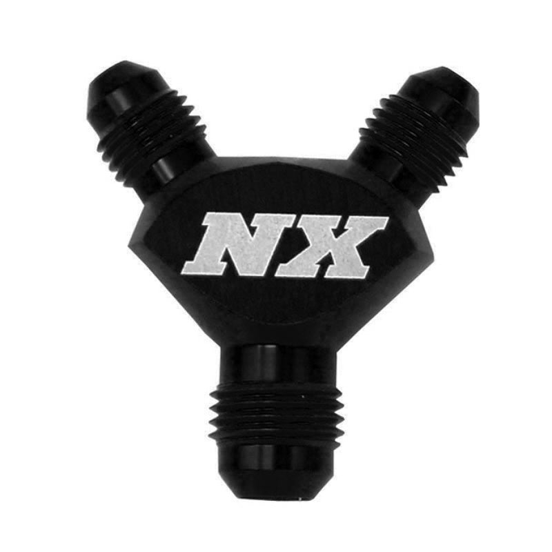 Black Nitrous Express 6AN billet Y-fitting with three 6AN ports for high-performance fluid connections.