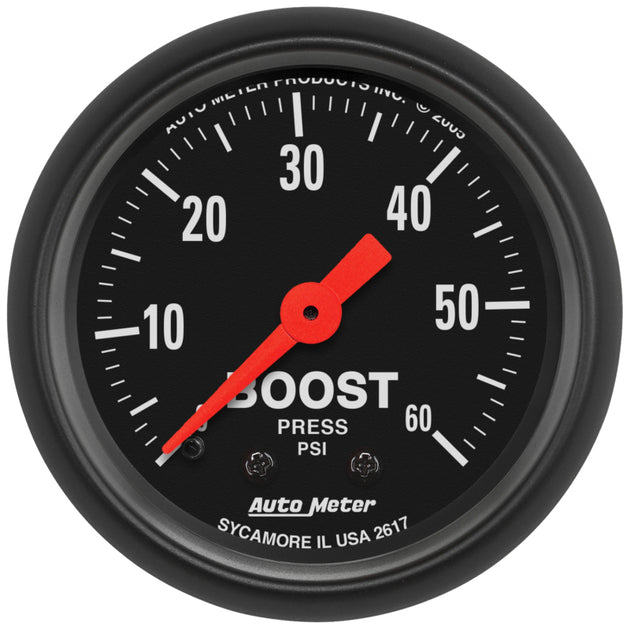 AutoMeter Z Series 52mm mechanical boost gauge displaying 0-60 PSI with clear dial and black face for vehicle performance monitoring