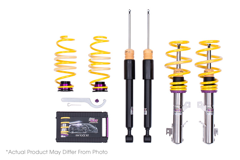 KW Coilover Kit V1 for 2010+ Chevrolet Camaro, adjustable coilovers with metal springs and shocks, installed on a car.