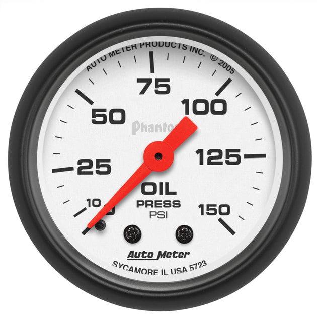AutoMeter Phantom 52mm mechanical oil pressure gauge with black dial and silver bezel, displaying oil pressure readings in PSI.