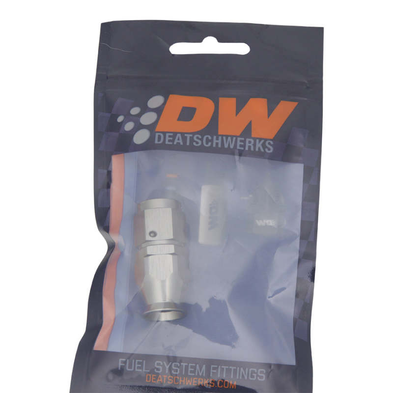 DeatschWerks 6AN female swivel straight hose end fitting with PTFE construction and olive insert for high-performance fluid connections.