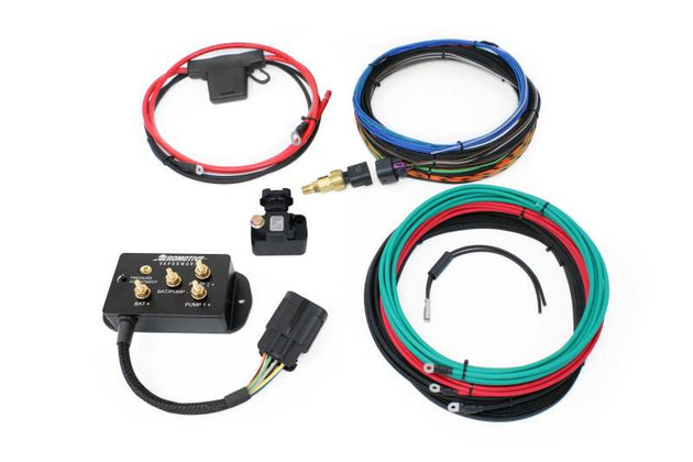 Aeromotive VaporWorx dual fuel pump returnless PWM fuel module controller kit with wiring and components for enhanced fuel management.