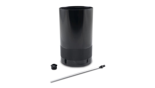 Vibrant medium 1.5L oil catch can reservoir with dipstick, designed for vehicle crankcase ventilation systems.