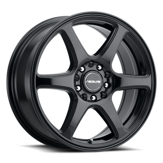 Raceline 146B Matrix cast wheel, 14x5.5 inches, gloss black finish, 4x100/4x114.3 bolt pattern, 35mm offset, 72.62mm bore