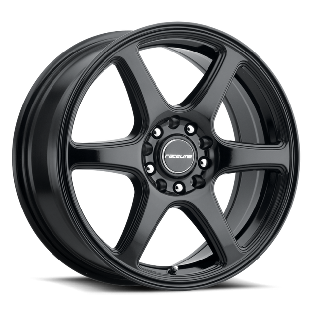 Raceline 146B Matrix cast wheel, 14x5.5 inches, gloss black finish, 4x100/4x114.3 bolt pattern, 35mm offset, 72.62mm bore