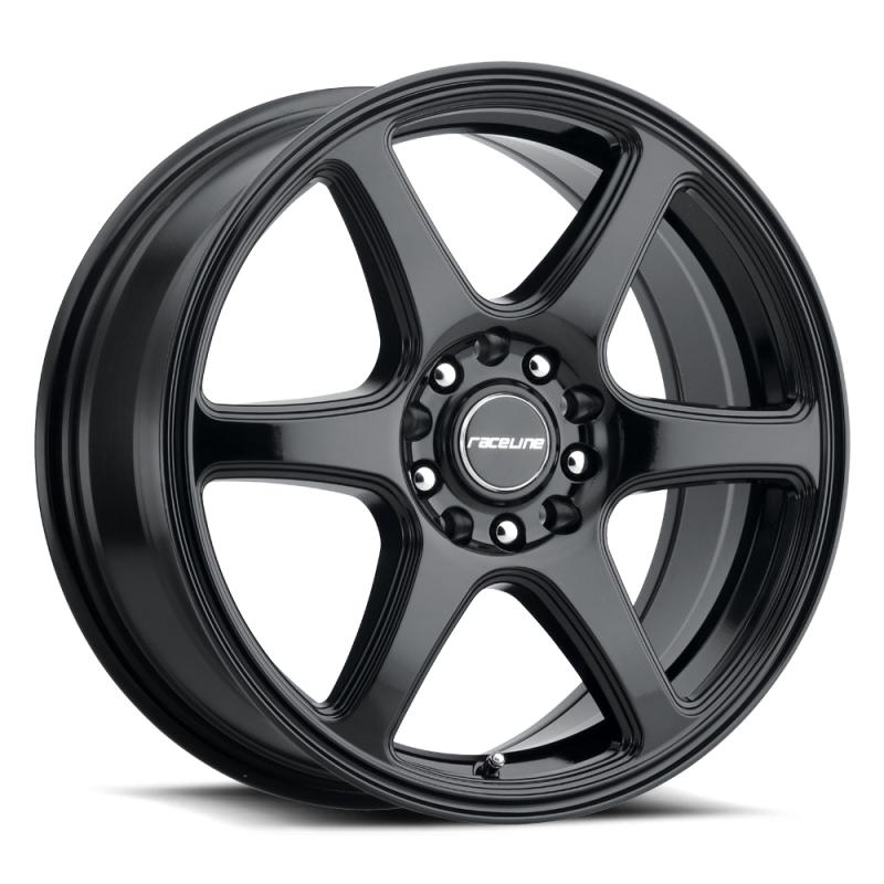 Raceline 146B Matrix cast wheel, 14x5.5 inches, gloss black finish, 4x100/4x114.3 bolt pattern, 35mm offset, 72.62mm bore