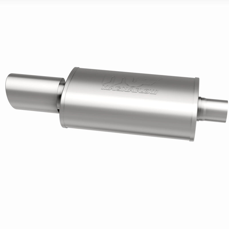 MagnaFlow stainless steel muffler with tip, 14x5x8 inches, featuring dual inlet and outlet pipes, automotive exhaust component