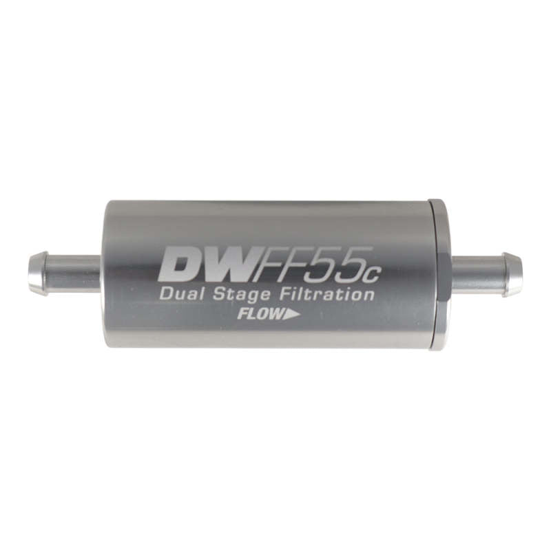 DeatschWerks 5/16 inch 10 Micron 55mm in-line fuel filter kit showing the compact filter with inlet and outlet fittings.