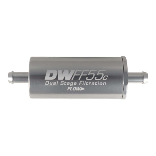 DeatschWerks 5/16 inch 10 Micron 55mm in-line fuel filter kit showing the compact filter with inlet and outlet fittings.