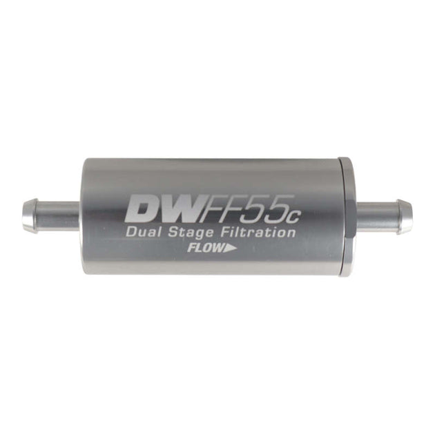 DeatschWerks 5/16 inch 10 Micron 55mm in-line fuel filter kit showing the compact filter with inlet and outlet fittings.