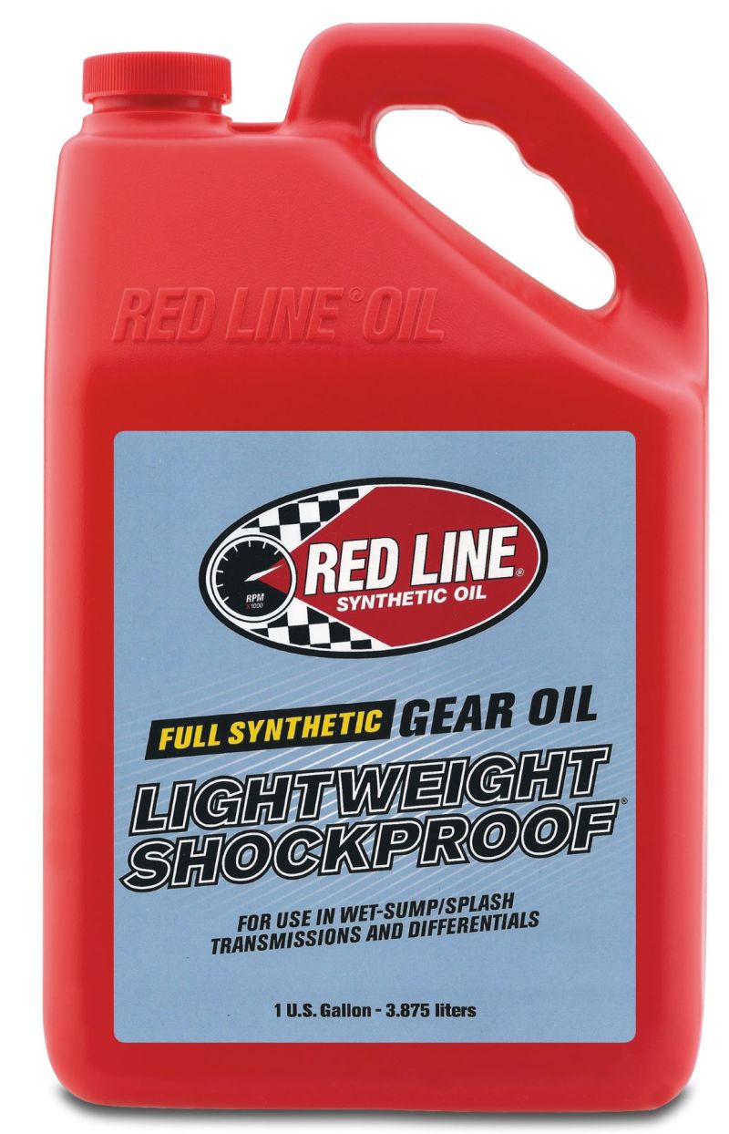 Red Line lightweight shockproof gear oil gallon container, ideal for lubricating transmissions and gearboxes in vehicles.