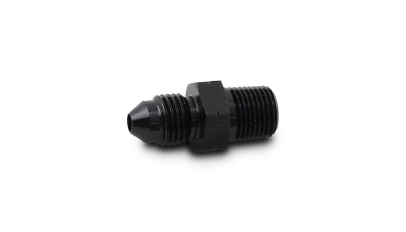 Vibrant BSPT adapter fitting with -3 AN to 1/8 inch -28 threads, shown connected to a fitting in a close-up image.
