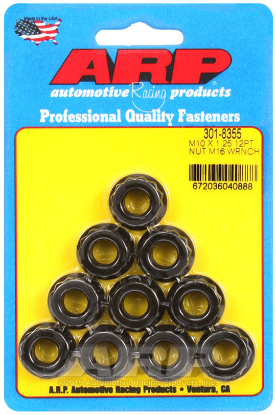 ARP M10 x 1.25 12-point nut kit featuring 10 durable hardware nuts for automotive and machinery applications.