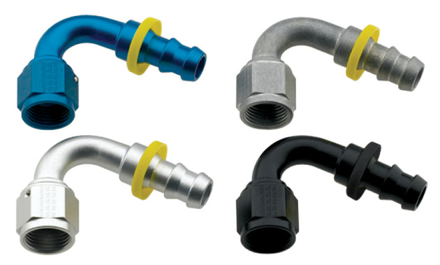 Black Fragola -10AN Push-Lite End fitting with 120-degree angle, designed for high-performance automotive or racing fluid systems.