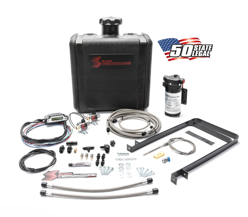 Snow Performance Stage 3 Boost Cooler water injection kit with SS braided line and 4AN fittings for enhanced engine cooling and performance.