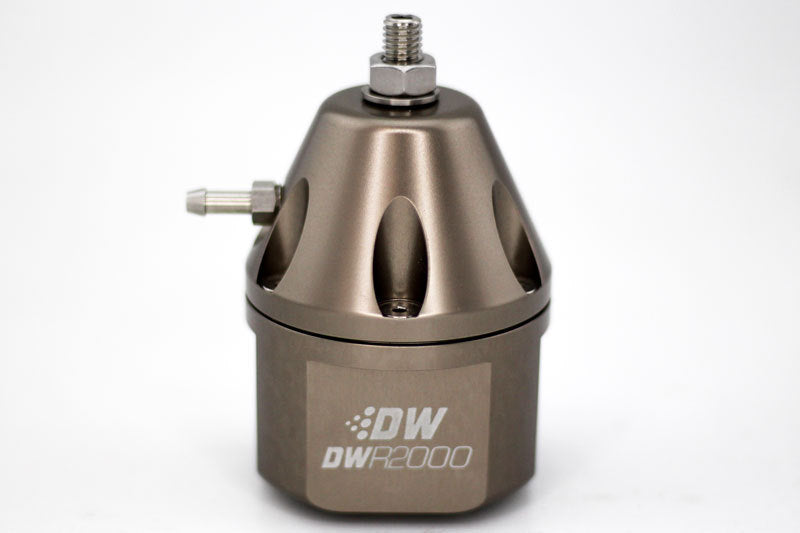 DeatschWerks DWR2000 titanium adjustable fuel pressure regulator for enhanced engine performance, shown in close-up image.