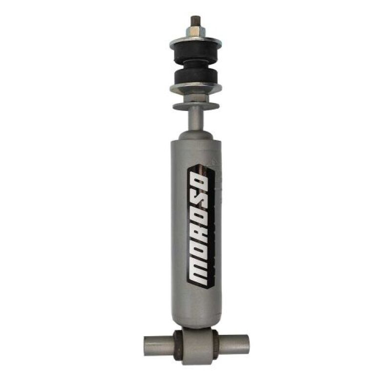 Moroso 74-78 Ford Pinto and Mustang II front drag shock absorber with 3-way adjustable features, shown installed on a vehicle.