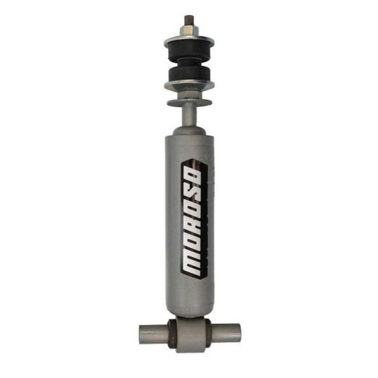 Moroso 74-78 Ford Pinto and Mustang II front drag shock absorber with 3-way adjustable features, shown installed on a vehicle.