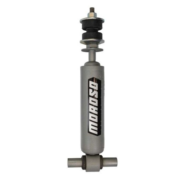 Moroso 74-78 Ford Pinto and Mustang II front drag shock absorber with 3-way adjustable features, shown installed on a vehicle.