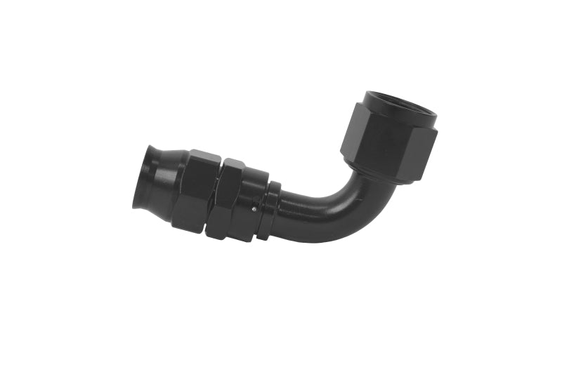Aeromotive AN-10 black anodized PTFE hose end fitting, 90-degree angle for high-performance fuel or oil systems.