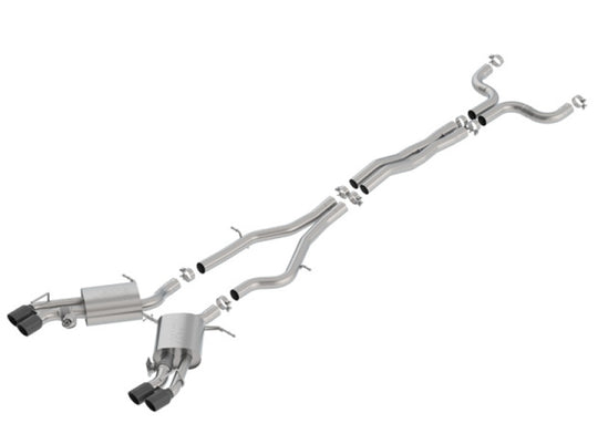 Borla catback exhaust system with black chrome tips for 2016-2018 Cadillac CTS-V 6.2L V8, featuring 2.75-inch diameter pipes and valves.