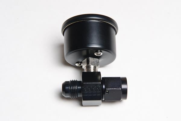 Radium Engineering fuel pressure gauge with 6AN inline adapter, showing dial with pressure readings and angled fitting.