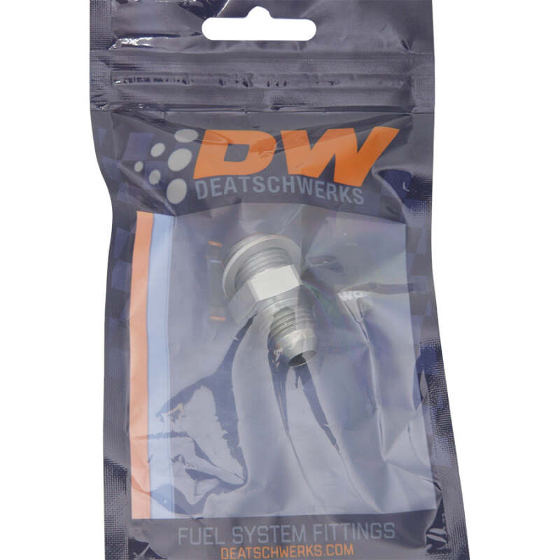 DeatschWerks titanium 6AN male flare to M16 x 1.5 male metric fitting with crush washer for automotive fuel or oil lines.