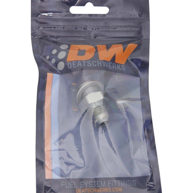 DeatschWerks titanium 6AN male flare to M16 x 1.5 male metric fitting with crush washer for automotive fuel or oil lines.