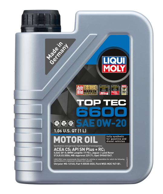 LIQUI MOLY Top Tec 6600 1L motor oil SAE 0W20 container with label and cap, suitable for vehicle engine lubrication