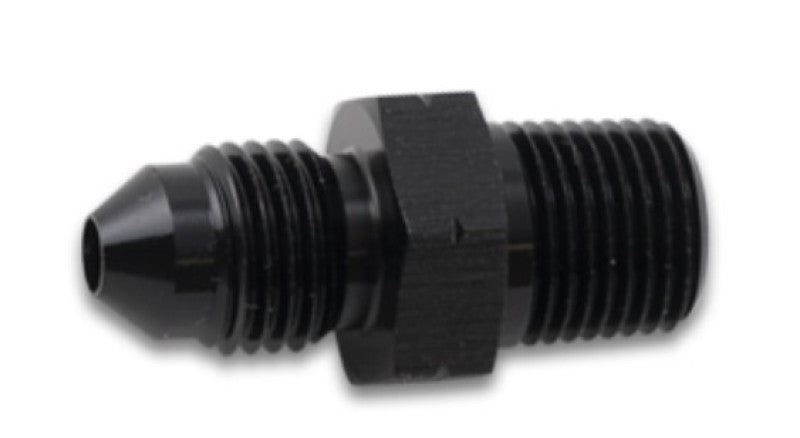Vibrant BSPT adapter fitting with -3 AN to 1/8 inch -28 threads, showcasing metal construction and precise threading.