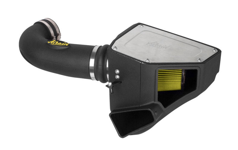 Airaid cold air intake system with yellow dry media filter and metal tube for 2016-2020 Chevy Camaro SS 6.2L engine.