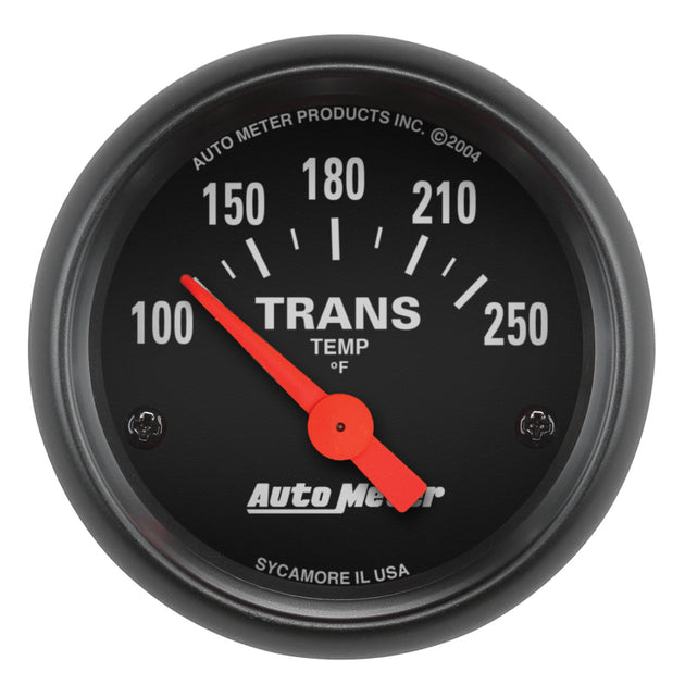 AutoMeter Z Series 52mm transmission temperature gauge displaying temperature range from 100 to 250 degrees.