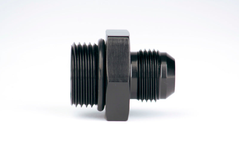 Aeromotive AN-12 O-Ring Boss to AN-10 Male Flare Reducer Fitting showing metal fittings with threaded ends and O-ring groove