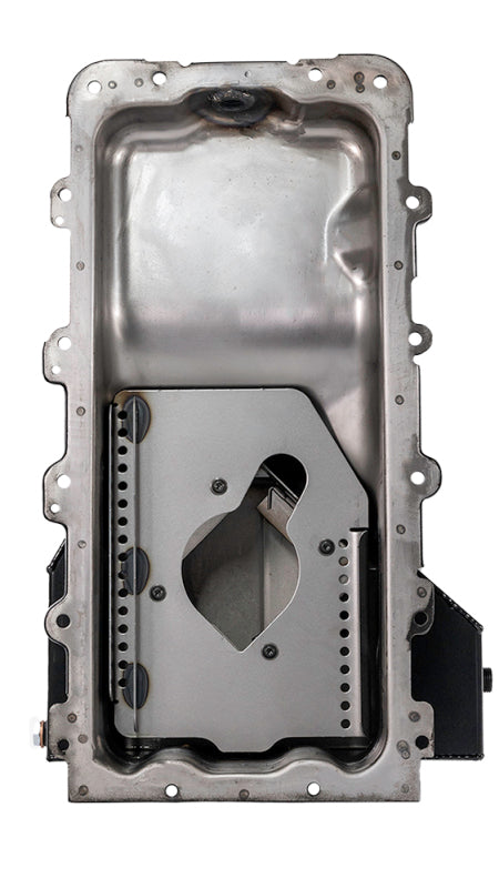 Moroso Ford 4.6/5.4L oil pan with rear sump, 8-quart capacity, steel construction, designed for road race wet sump applications.